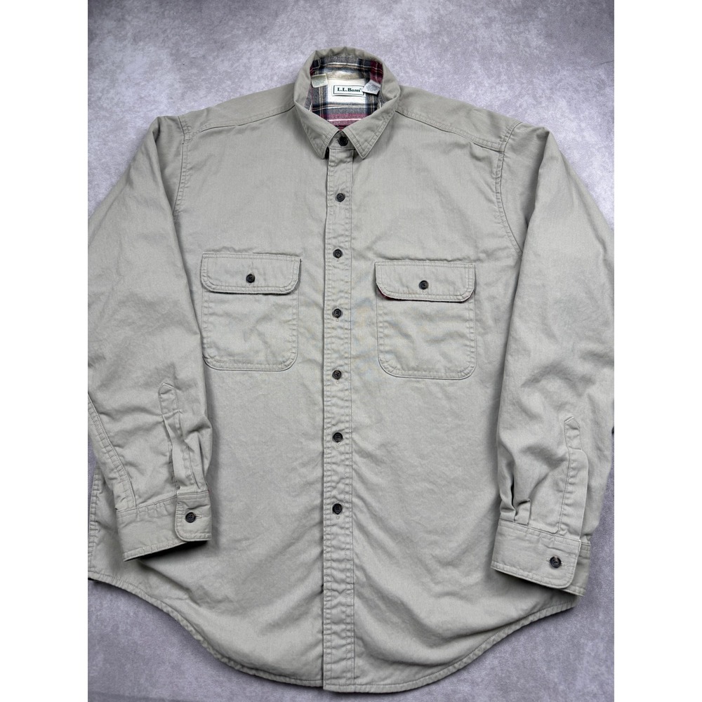 LL Bean Flannel Lined Hurrricane Shirt Men L Khaki Beige Tan Plaid Cotton Canvas